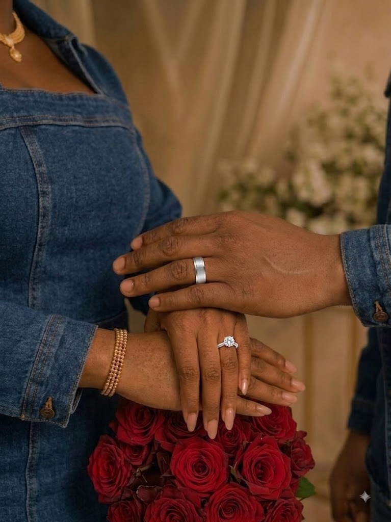 Oluwatobi and Olayinka showing their rings in blue attire with red roses