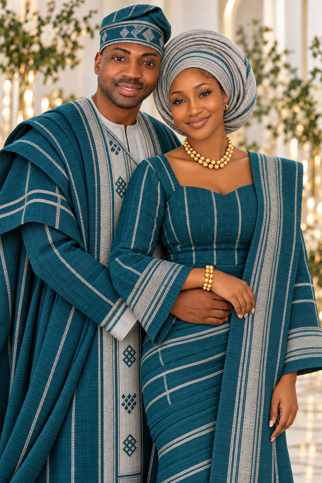 Oluwatobi and Olayinka in a seated traditional wedding portrait